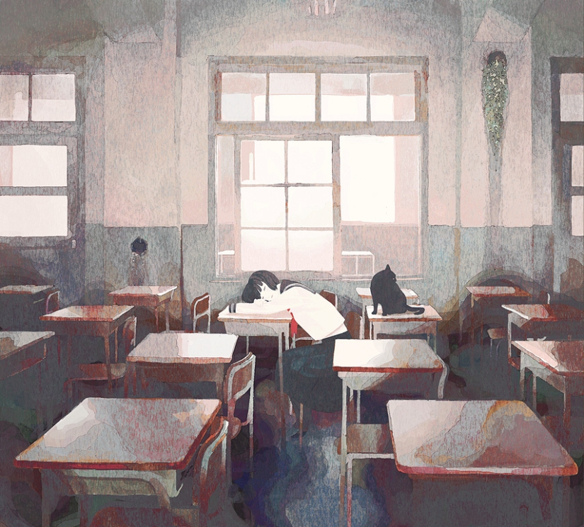 Colegialas y arte de anime melancólico y soñoliento