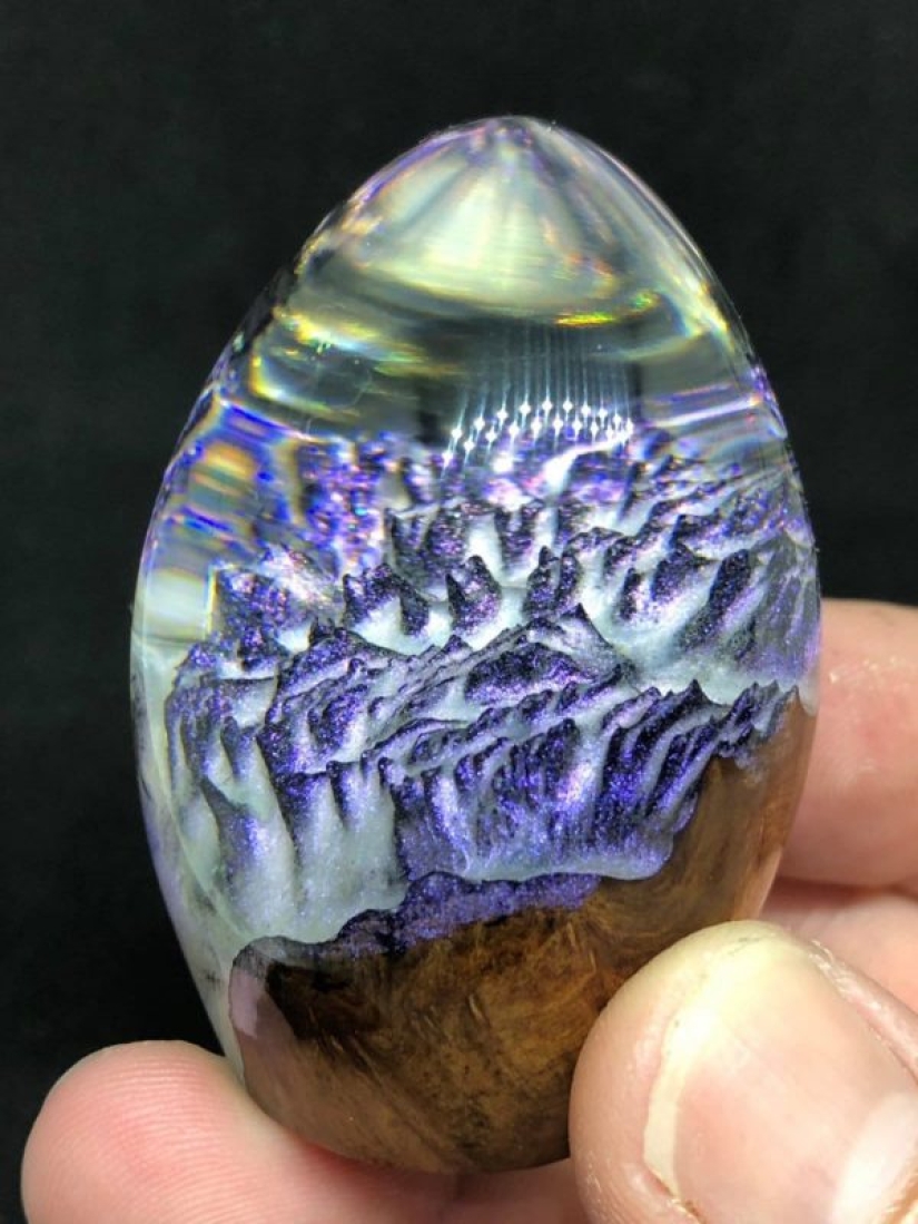 Colorful dragon eggs made of resin and wood by Australian artist Ben Works