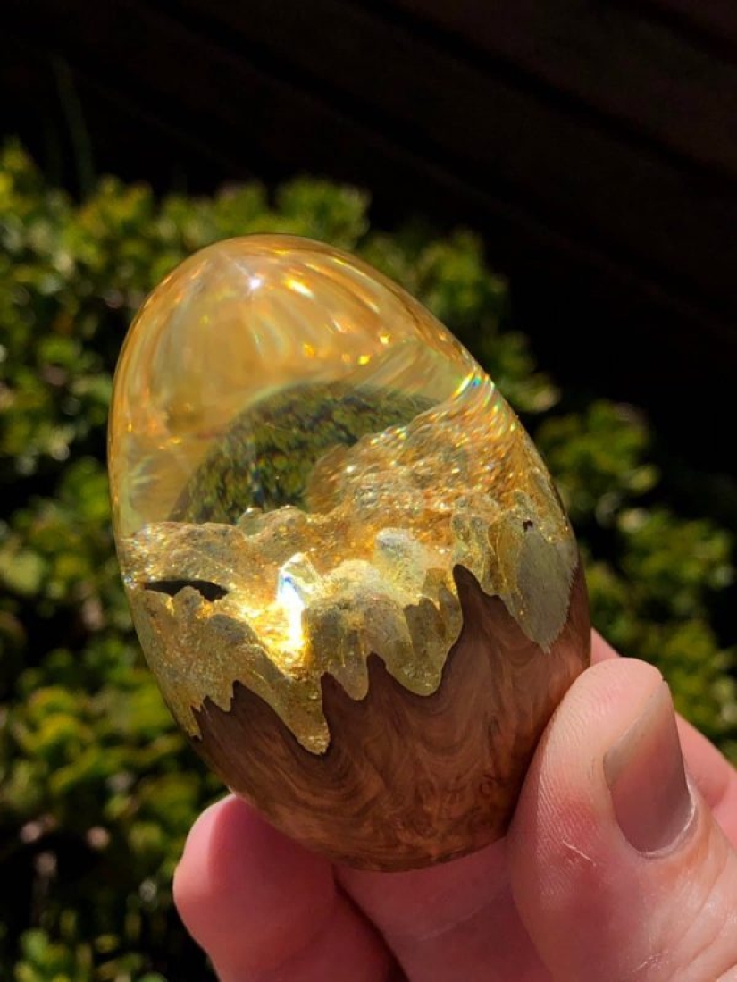 Colorful dragon eggs made of resin and wood by Australian artist Ben Works