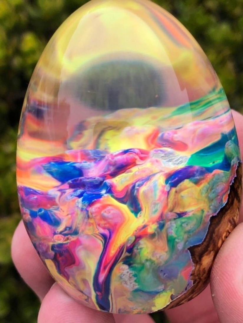 Colorful dragon eggs made of resin and wood by Australian artist Ben Works