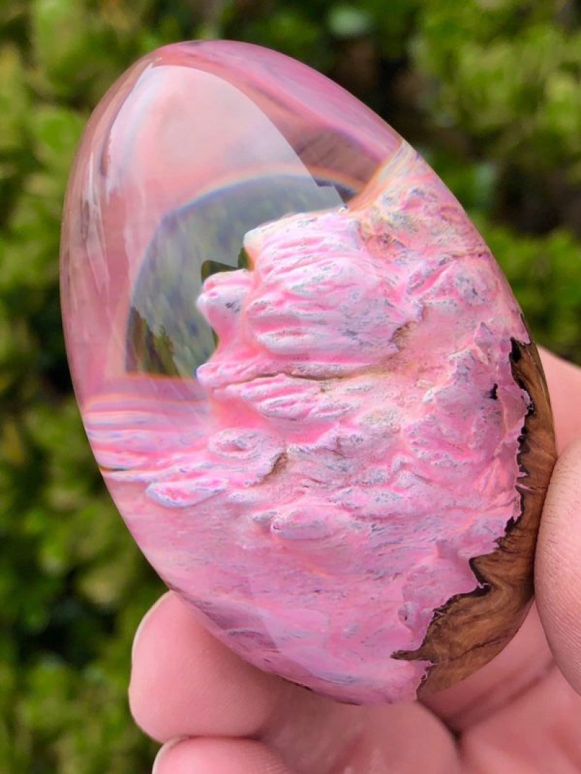 Colorful dragon eggs made of resin and wood by Australian artist Ben Works