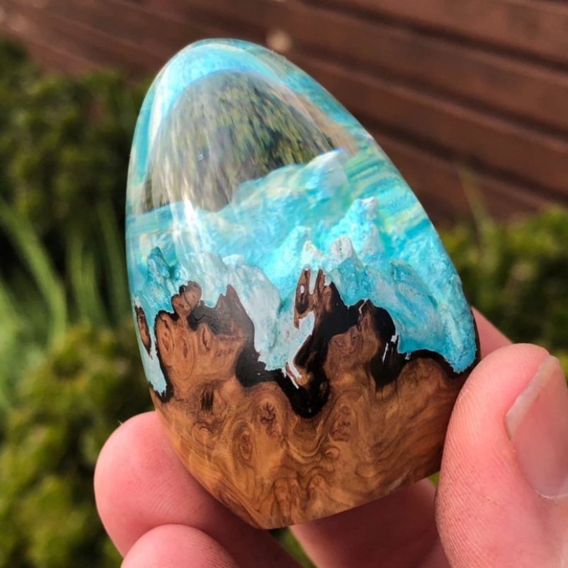 Colorful dragon eggs made of resin and wood by Australian artist Ben Works
