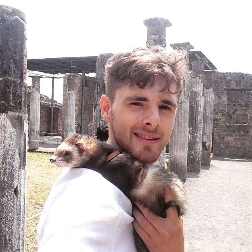 Después de la trágica muerte de sus seres queridos, el tipo vendió todo para viajar por el mundo con un hurón