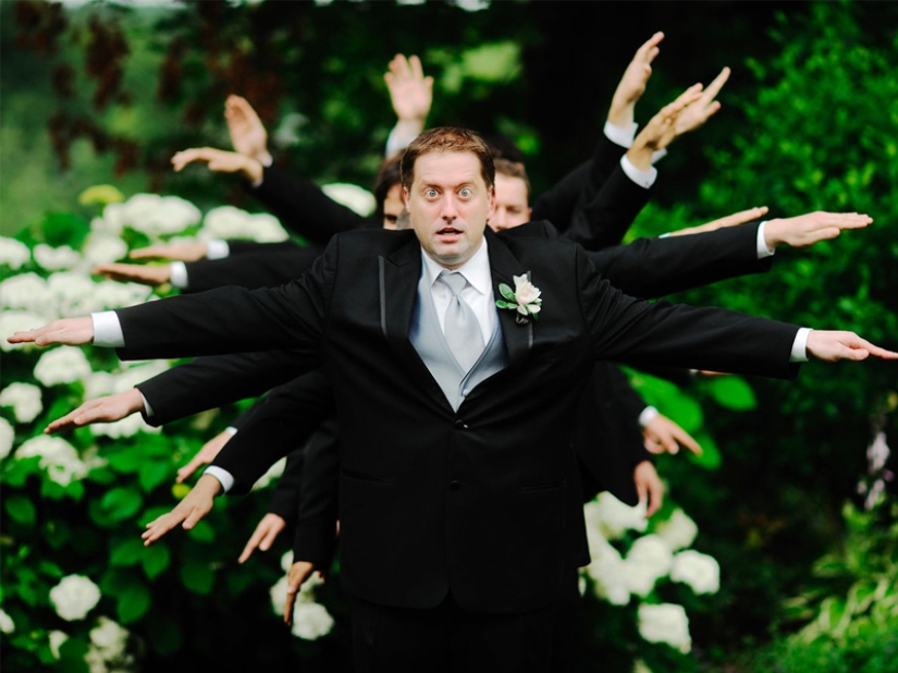 Divertidas fotos de boda con la participación de los amigos del novio.