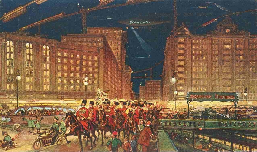 "Downers are sneaking around on air slides": Moscow of the XXII-XXIII centuries on postcards of 1914 "Downers are sneaking around on air slides": Moscow of the XXII-XXIII centuries on postcards of 1914
