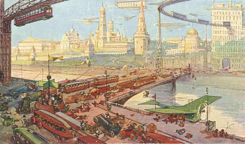 "Downers are sneaking around on air slides": Moscow of the XXII-XXIII centuries on postcards of 1914 "Downers are sneaking around on air slides": Moscow of the XXII-XXIII centuries on postcards of 1914