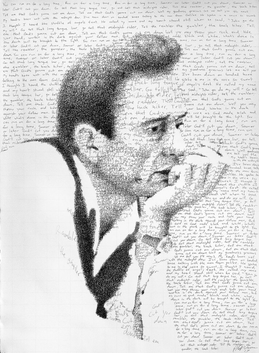 Eche un vistazo más de cerca: el artista pinta cuadros con miles de letras Eche un vistazo más de cerca: el artista pinta cuadros con miles de letras