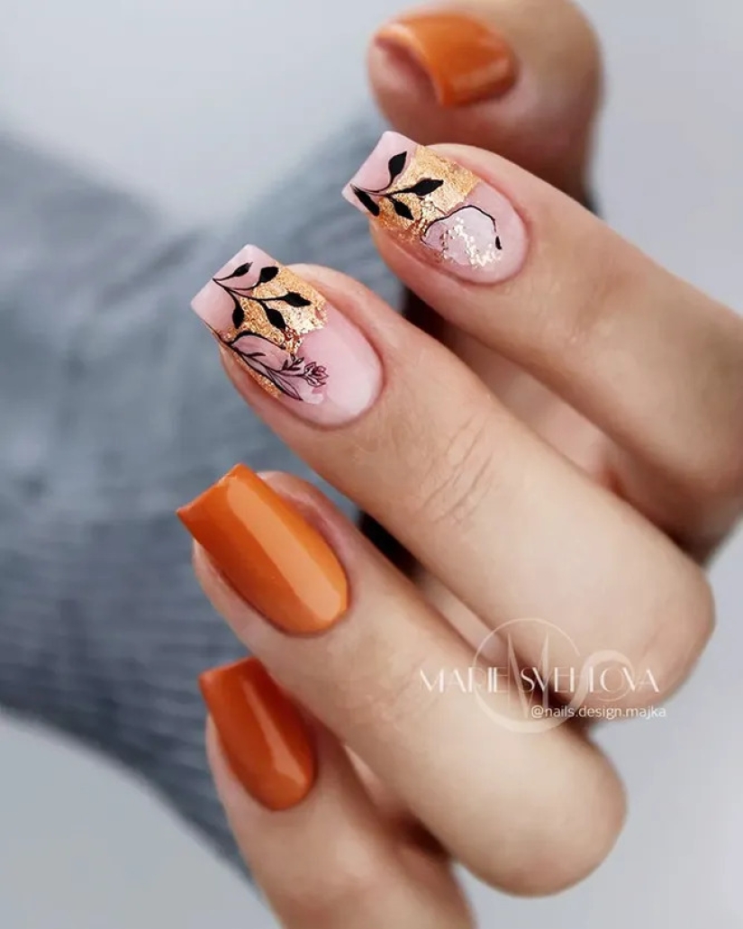 Estado de ánimo "otoño": 10 hermosos ejemplos de manicura con estampados florales, con hojas, bayas y flores.