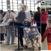 Frightened passengers put bags and plastic bottles on their heads to protect themselves from the coronavirus