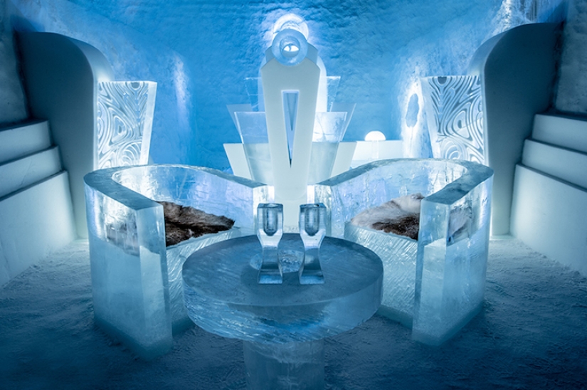 Frosty holidays. Even glasses are made of ice in a Swedish hotel