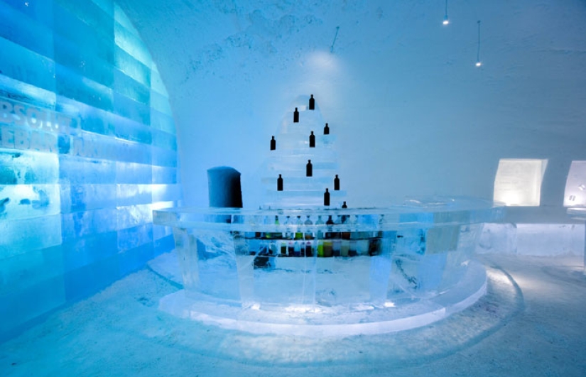 Frosty holidays. Even glasses are made of ice in a Swedish hotel
