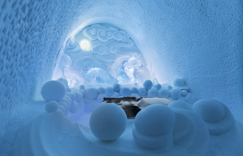 Frosty holidays. Even glasses are made of ice in a Swedish hotel