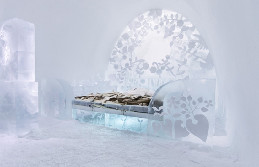 Frosty holidays. Even glasses are made of ice in a Swedish hotel