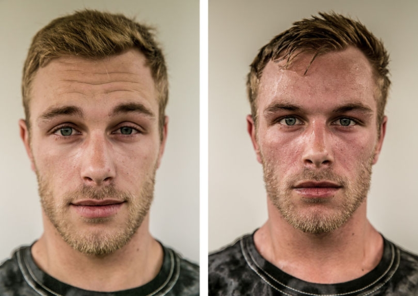 Give 120 percent: musicians before and after a rock concert Give 120 percent: musicians before and after a rock concert