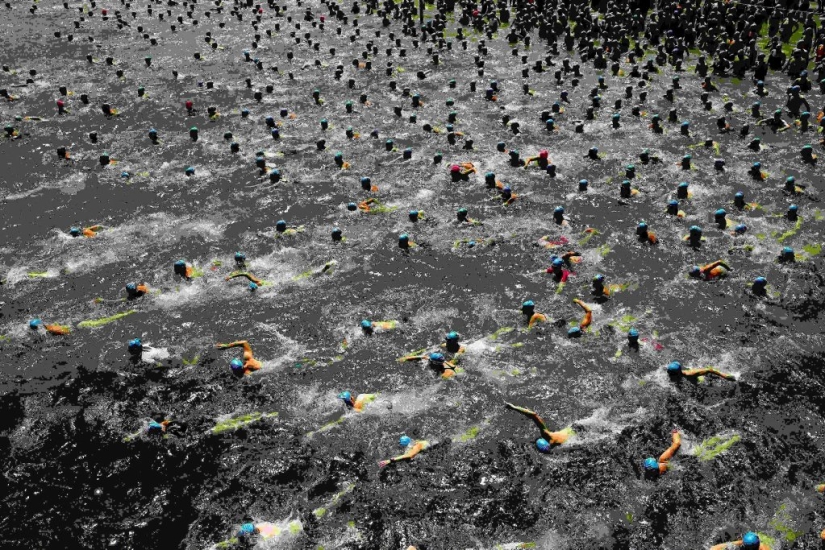 Gorros azules de natación masiva en el lago de Zúrich