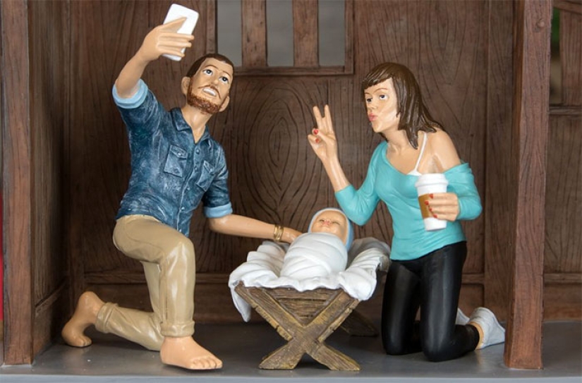 Hipster Christmas nativity scene is, firstly, ironic