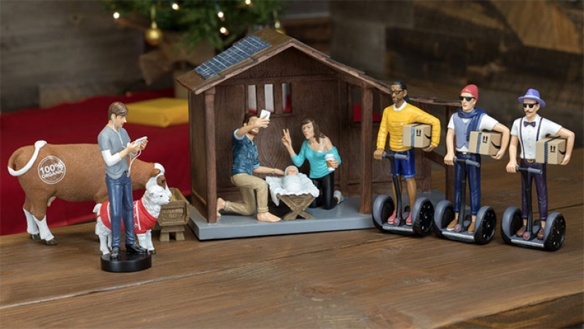 Hipster Christmas nativity scene is, firstly, ironic