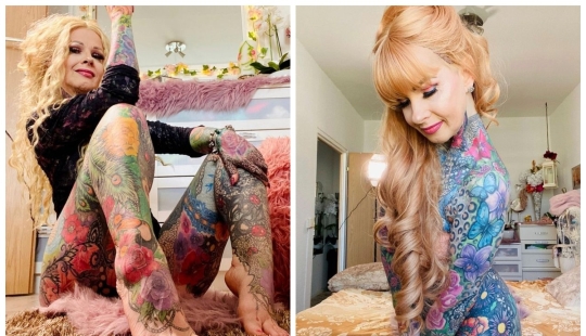 Hot granny in tattoos admires candid photos