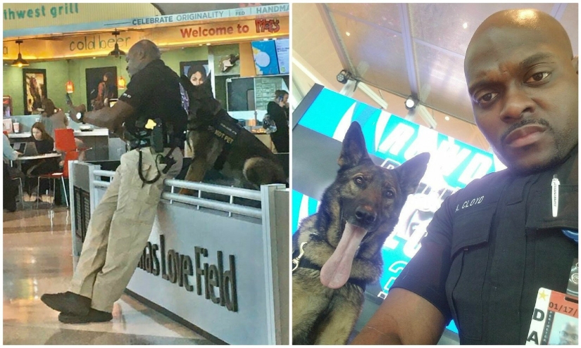 La niña notó cómo un policía en el aeropuerto se toma una selfie con un perro de servicio