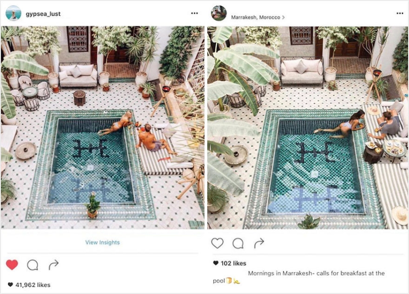La pareja descubrió que alguien estaba copiando sus fotos exactamente de sus viajes a Instagram