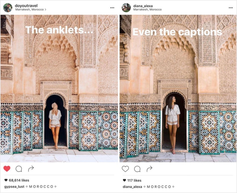 La pareja descubrió que alguien estaba copiando sus fotos exactamente de sus viajes a Instagram