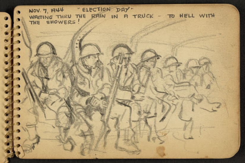 La Segunda Guerra Mundial en los dibujos de un soldado de 21 años hechos en 1944