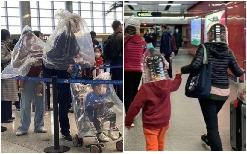 Los pasajeros asustados se ponen bolsas y botellas de plástico en la cabeza para protegerse del coronavirus Los pasajeros asustados se ponen bolsas y botellas de plástico en la cabeza para protegerse del coronavirus