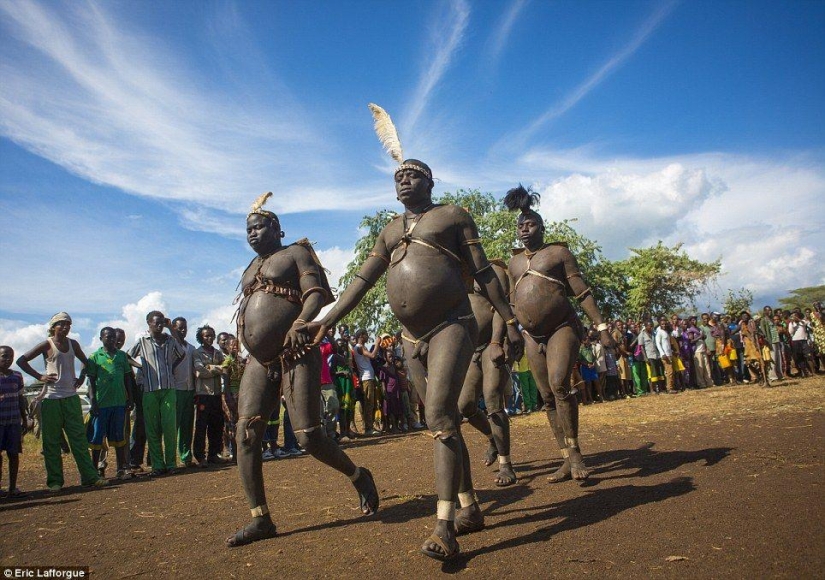 Men of the Ethiopian tribe drink blood with milk to get the title of the fattest inhabitant of the village