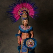 Mister Global 2021 contestants dressed in national costumes and look like video game bosses