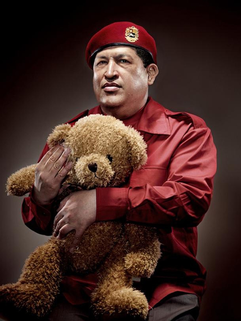 Portraits of world dictators hugging soft toys