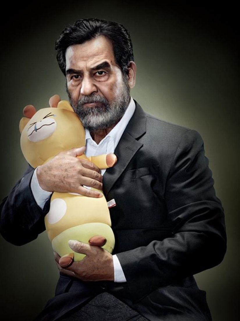Portraits of world dictators hugging soft toys