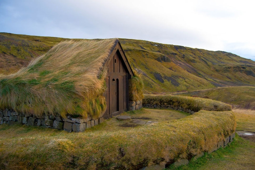Scandinavian houses with green roofs that look like from a fairy tale