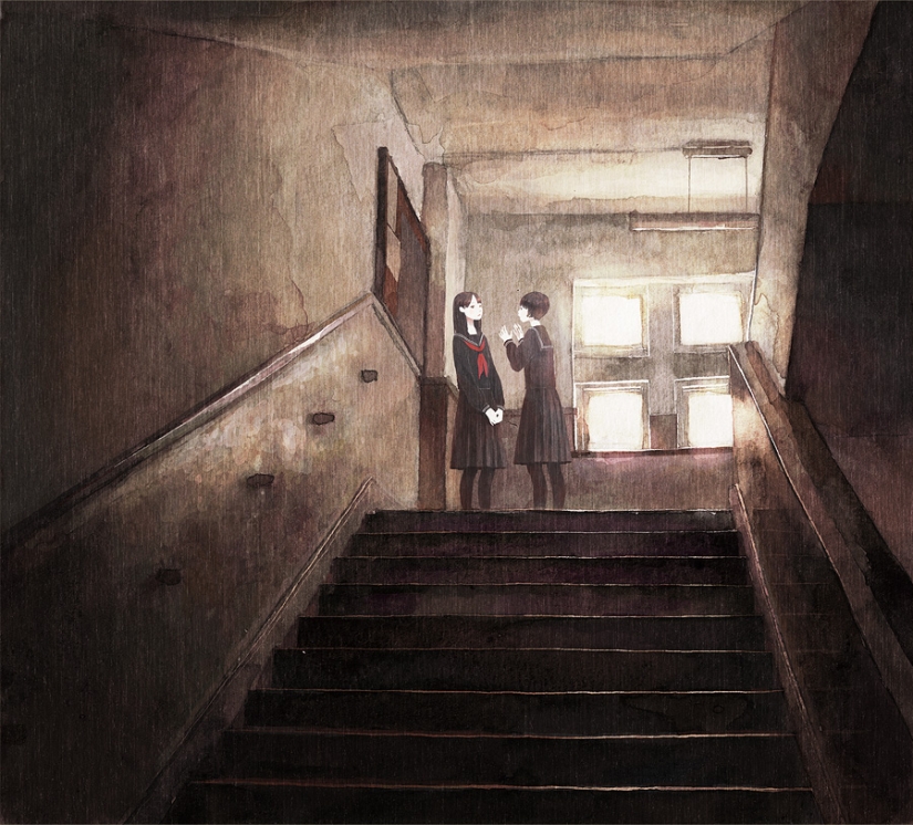 Schoolgirls and Melancholy - sleepy anime art