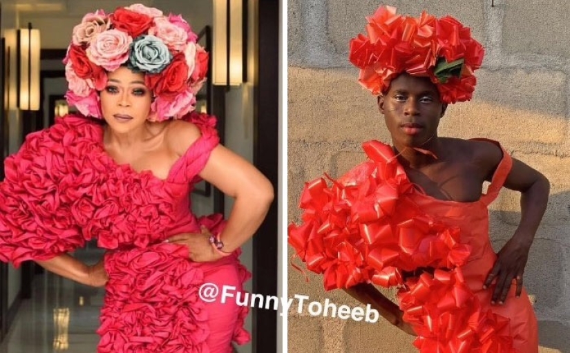 Take it off immediately! A guy from Africa copies the ridiculous outfits of the stars with the help of improvised materials