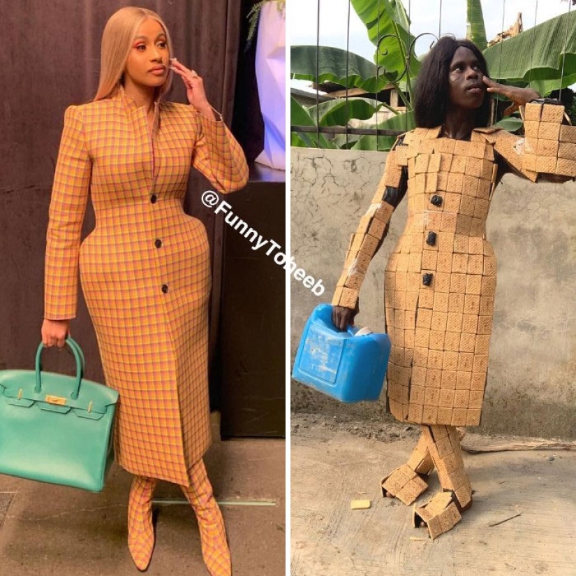 Take it off immediately! A guy from Africa copies the ridiculous outfits of the stars with the help of improvised materials