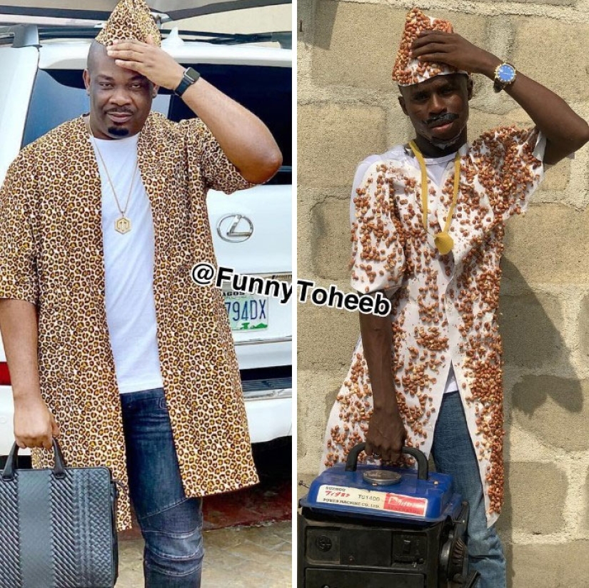 Take it off immediately! A guy from Africa copies the ridiculous outfits of the stars with the help of improvised materials