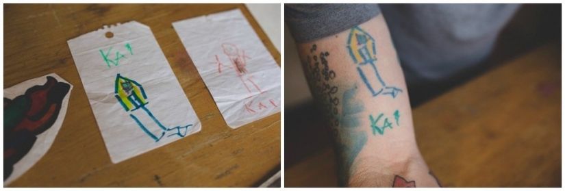 Tattoos based on son's sketches
