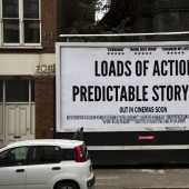 The Briton mercilessly mocks movie posters, road signs and advertising