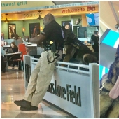 The girl noticed how a policeman at the airport takes a selfie with a service dog