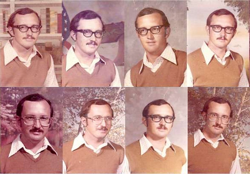 The teacher has been wearing the same outfit for taking pictures with the class for 40 years in a row The teacher has been wearing the same outfit for taking pictures with the class for 40 years in a row