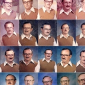 The teacher has been wearing the same outfit for taking pictures with the class for 40 years in a row The teacher has been wearing the same outfit for taking pictures with the class for 40 years in a row