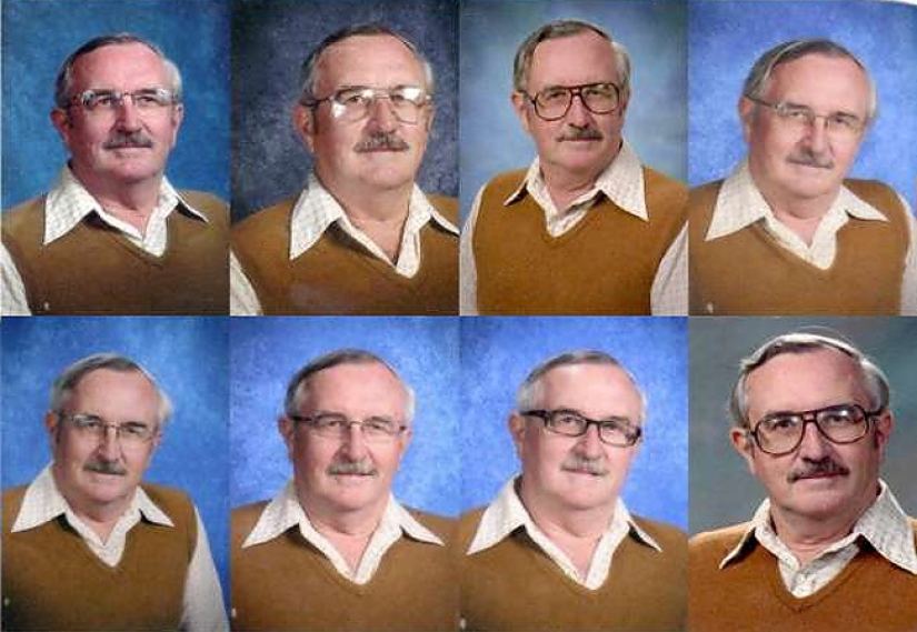 The teacher has been wearing the same outfit for taking pictures with the class for 40 years in a row The teacher has been wearing the same outfit for taking pictures with the class for 40 years in a row
