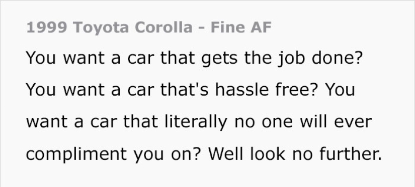 The Texan wanted to sell an old Toyota so badly that he created a real masterpiece of advertising on the classifieds site