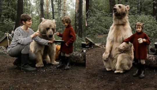 Una familia rusa se hizo amiga de un oso en el bosque para una campaña contra la caza