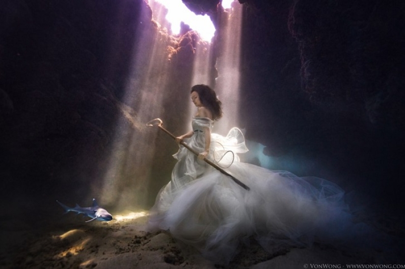 Underwater fairy tale with sharks