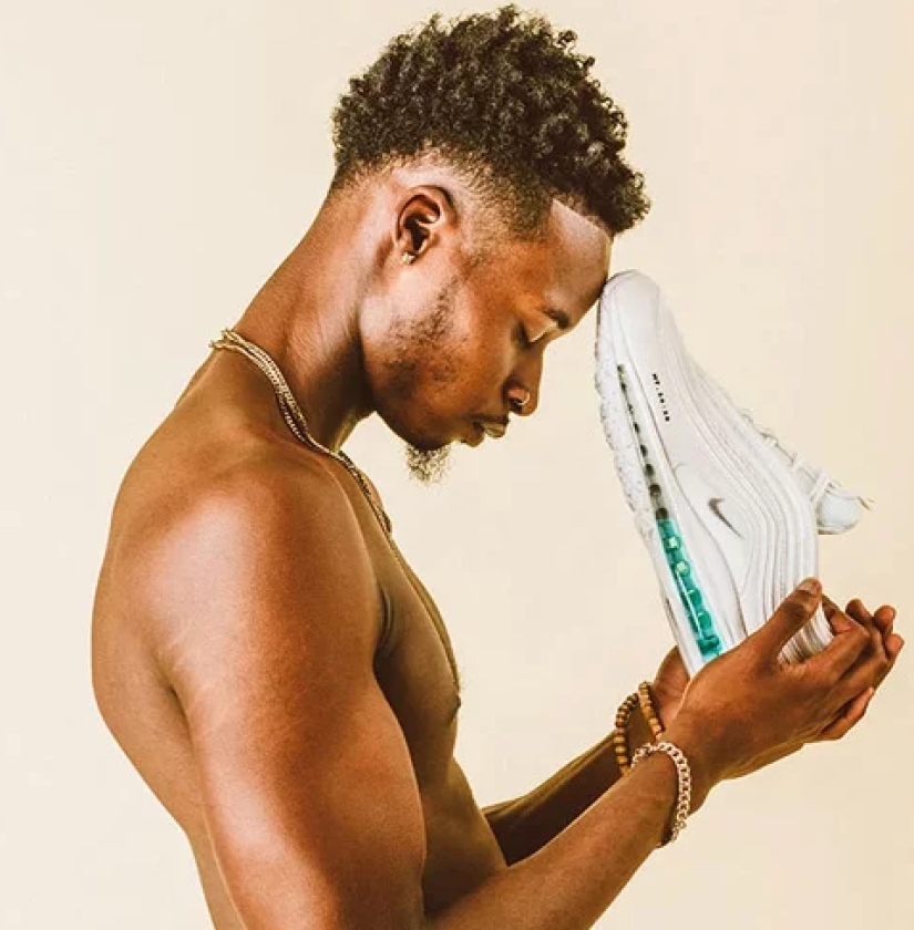 "Walk on water": Jesus Christ collage sneakers with a sole filled with water from Jordan
