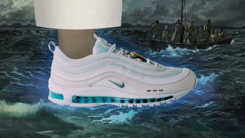 "Walk on water": Jesus Christ collage sneakers with a sole filled with water from Jordan