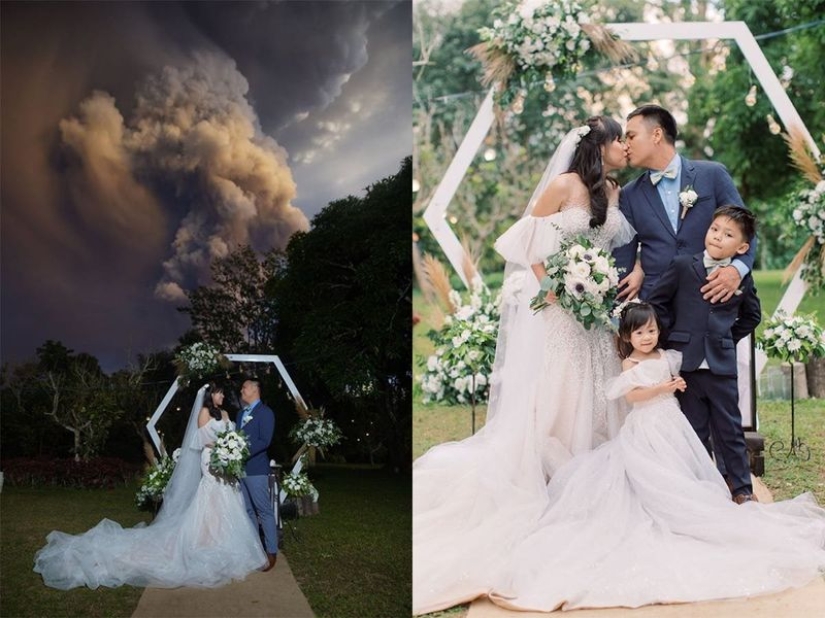 Wedding ceremony against the backdrop of an erupting volcano in the Philippines