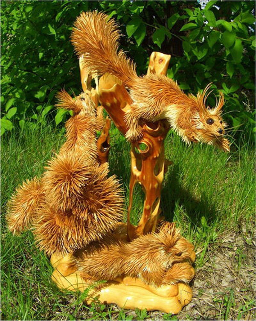 What do unique sculptures made of wood shavings look like