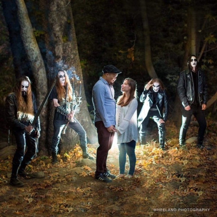 A metal band accidentally participated in an engagement photo shoot of a couple in love